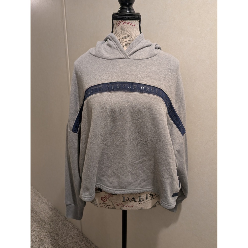 Under Armour Project Rock Gray Fleece Crop Hoodie Blue Logo Cotton Sweatshirt XL